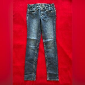 SOLD ✅Rue21 Women's Juniors Long Mid Rise Skinny Blue Flap Pockets Jeans Sz: 3/4